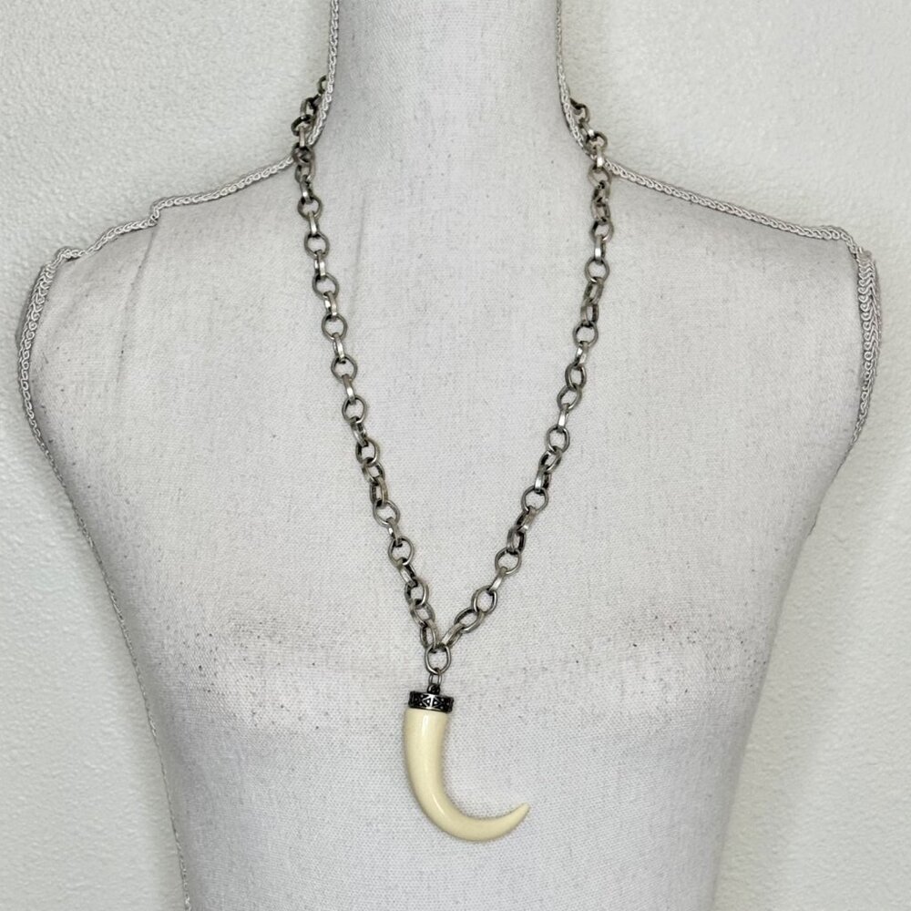 Faux Tooth Fang Tusk Bone Pendant Necklace w/Silver Tone Chain Goth Whimsygoth